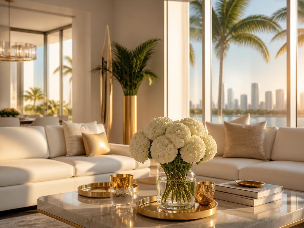Elegant Miami home interior with white and gold accents