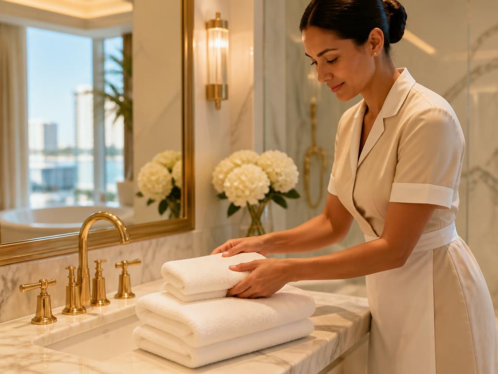 Professional housekeeper arranging fresh white towels in an elegant Miami bathroom
