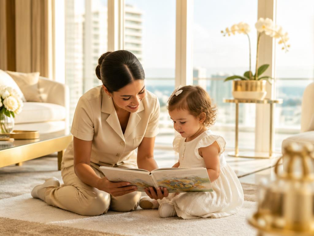 Professional nanny reading a book to a toddler in a bright Miami apartment